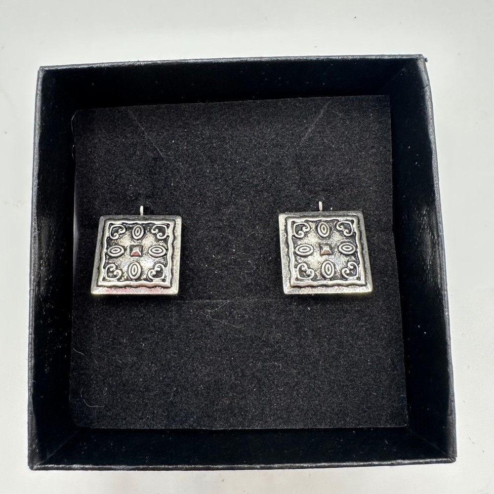 VTG Artisan Silver Plated Square Scrollwork Drop Earrings Festival Boho Celtic